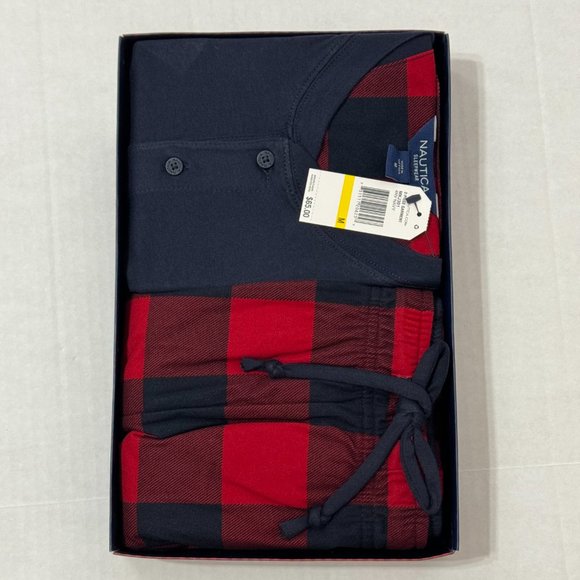 Nautica Sz M Men's PJ Set Navy/Red Multi Henley Cozy Pants - Picture 2 of 14